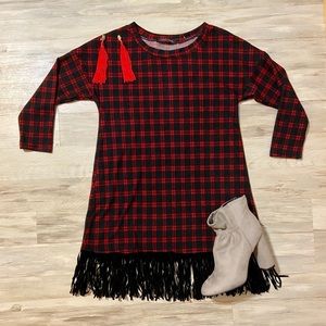 🆕Plaid Fringe Red Longer Tunic Dress